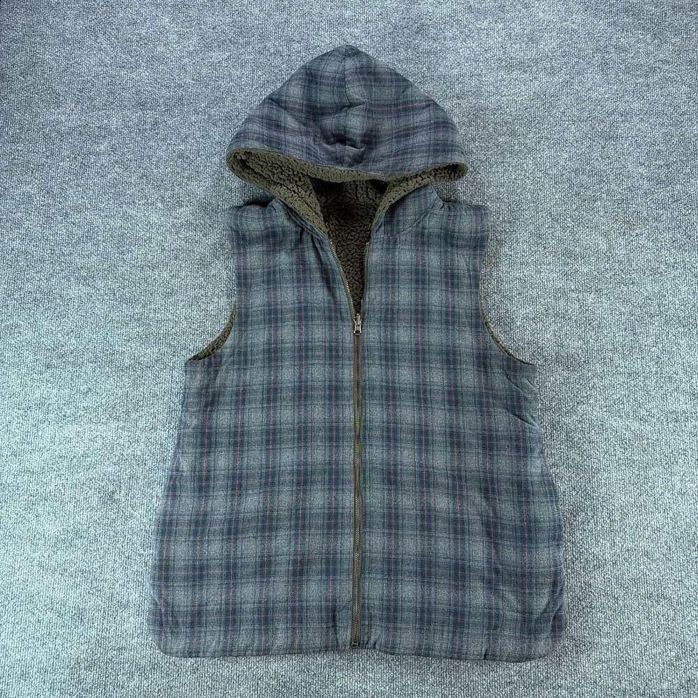 Kori America Womens Reversible Hooded Vest Grey Plaid Olive Sherpa Fleece L